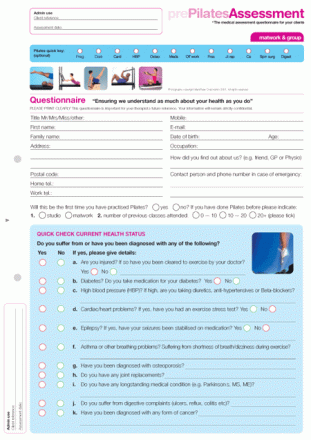 pre Pilates - Matwork and Group medical assessment history forms