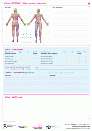 pre Pilates - Studio and Private mecical assessment history forms
